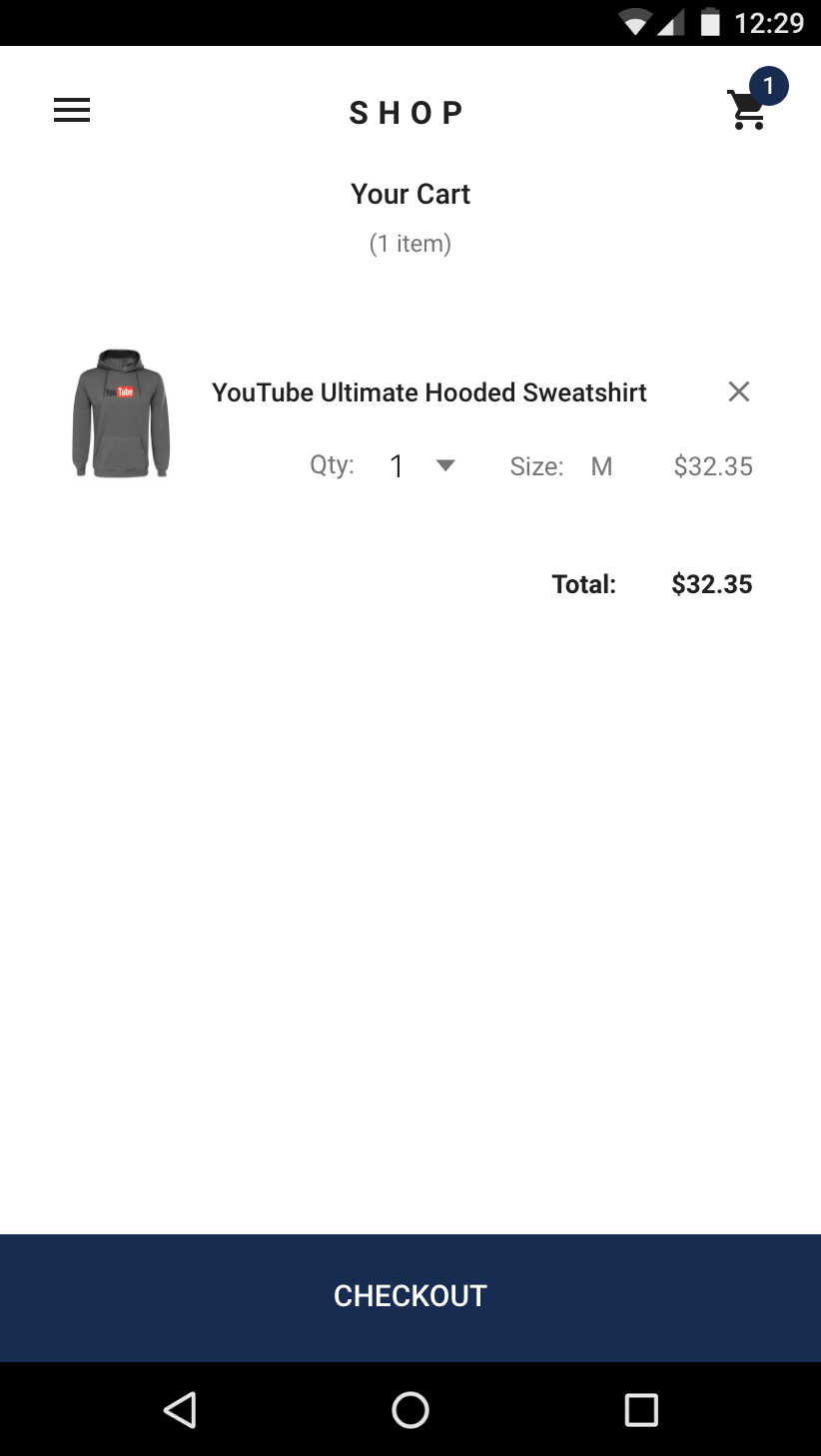 screenshot of the shopping cart view