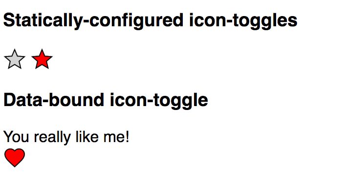 Demo showing icon toggles with star and heart icons. Pressed icons are red.